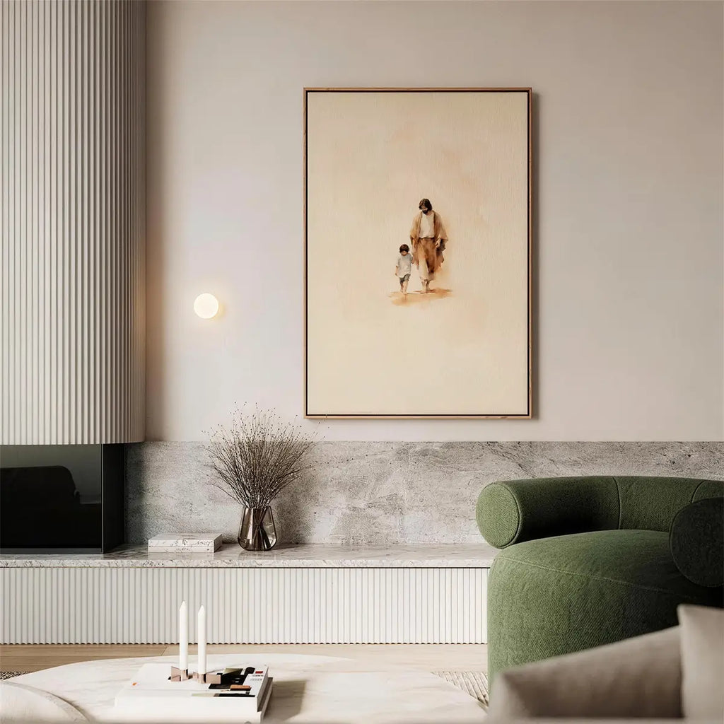 Walking with Jesus Christian canvas art showing Jesus holding a child’s hand