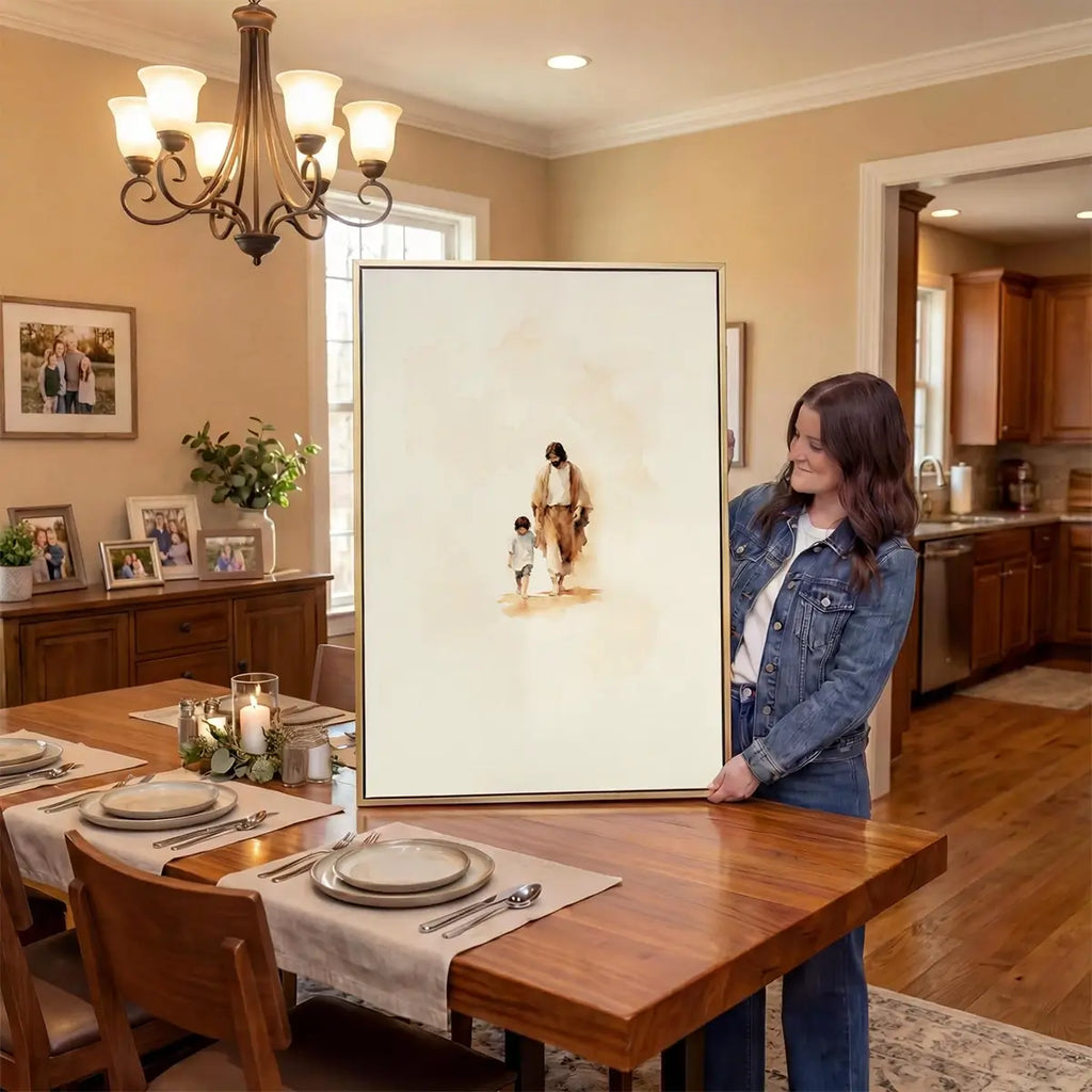 Walking with Jesus Christian canvas art showing Jesus holding a child’s hand