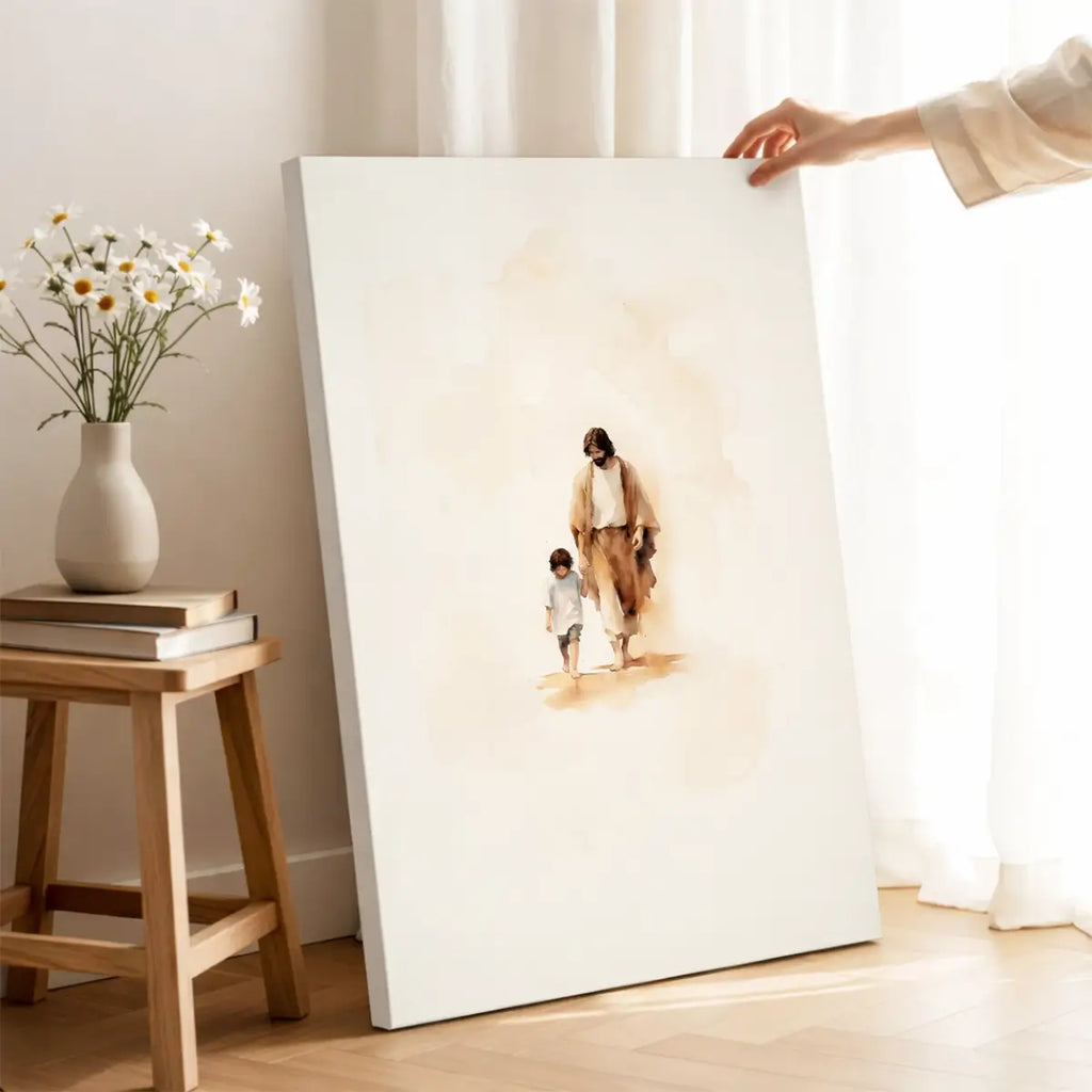 Walking with Jesus Christian canvas art showing Jesus holding a child’s hand
