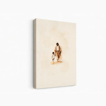 Walking with Jesus Christian canvas art showing Jesus holding a child’s hand