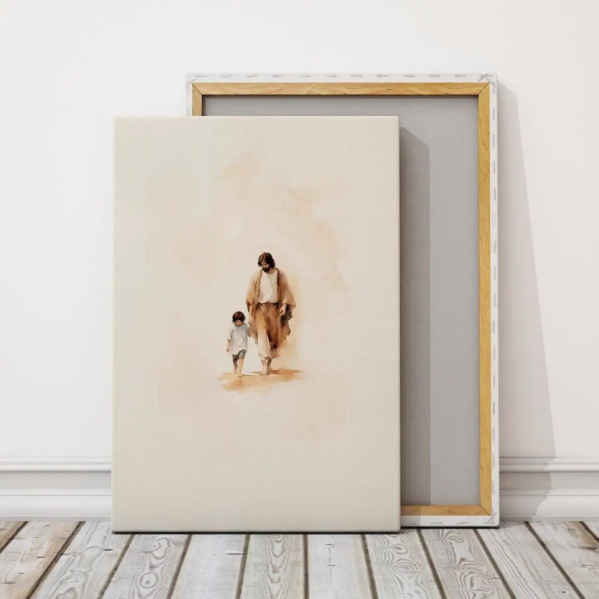 Walking with Jesus Christian canvas art showing Jesus holding a child’s hand