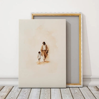 Walking with Jesus Christian canvas art showing Jesus holding a child’s hand