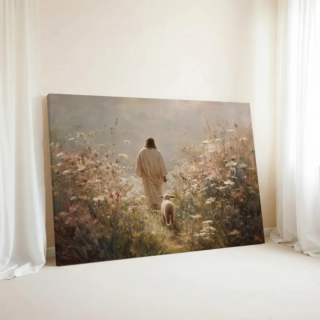 Walking with the Shepherd Christian canvas art depicting Jesus and a lamb in a peaceful field