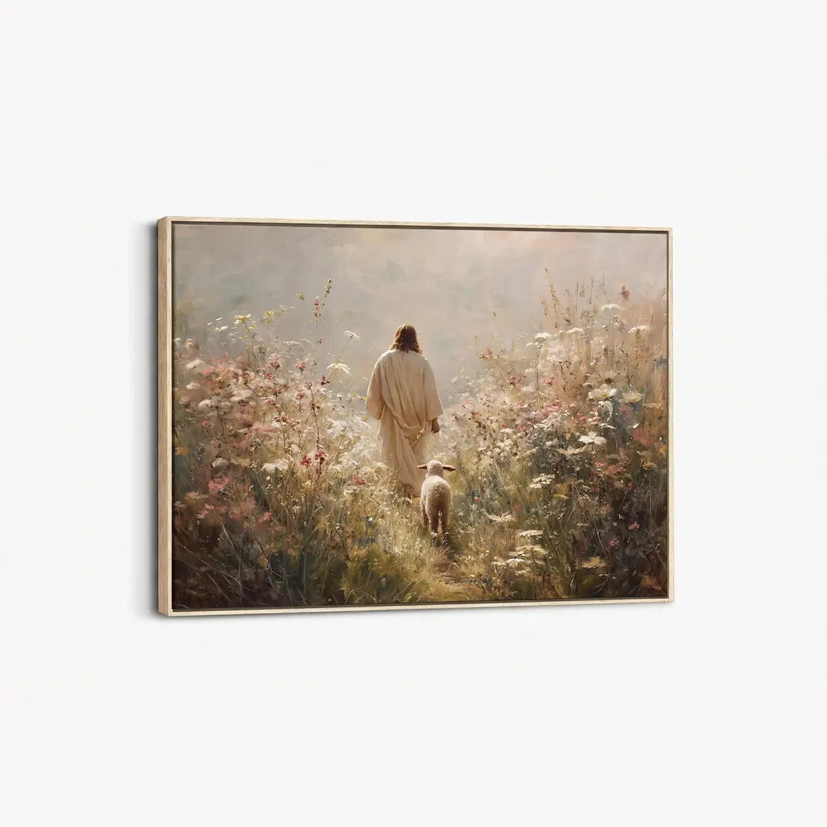 Walking with the Shepherd Christian canvas art depicting Jesus and a lamb in a peaceful field