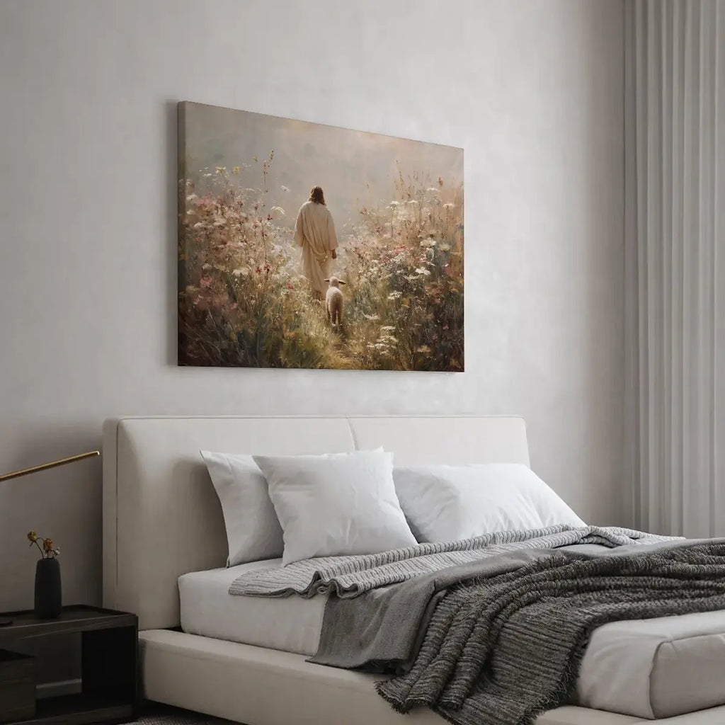 Walking with the Shepherd Christian canvas art depicting Jesus and a lamb in a peaceful field