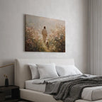 Walking with the Shepherd Christian canvas art depicting Jesus and a lamb in a peaceful field