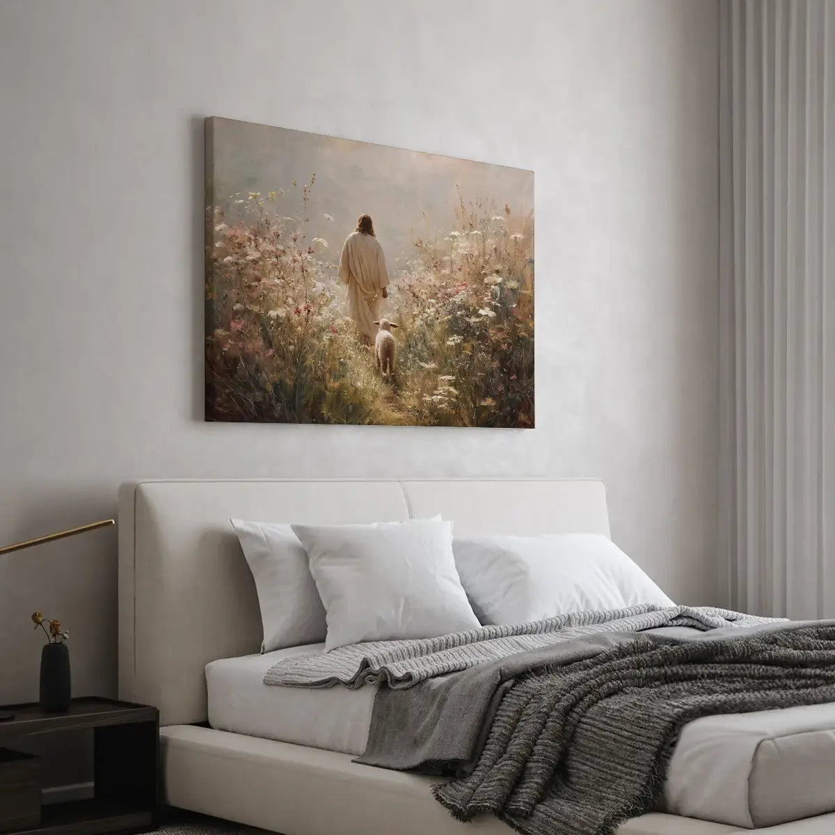 Walking with the Shepherd Christian canvas art depicting Jesus and a lamb in a peaceful field