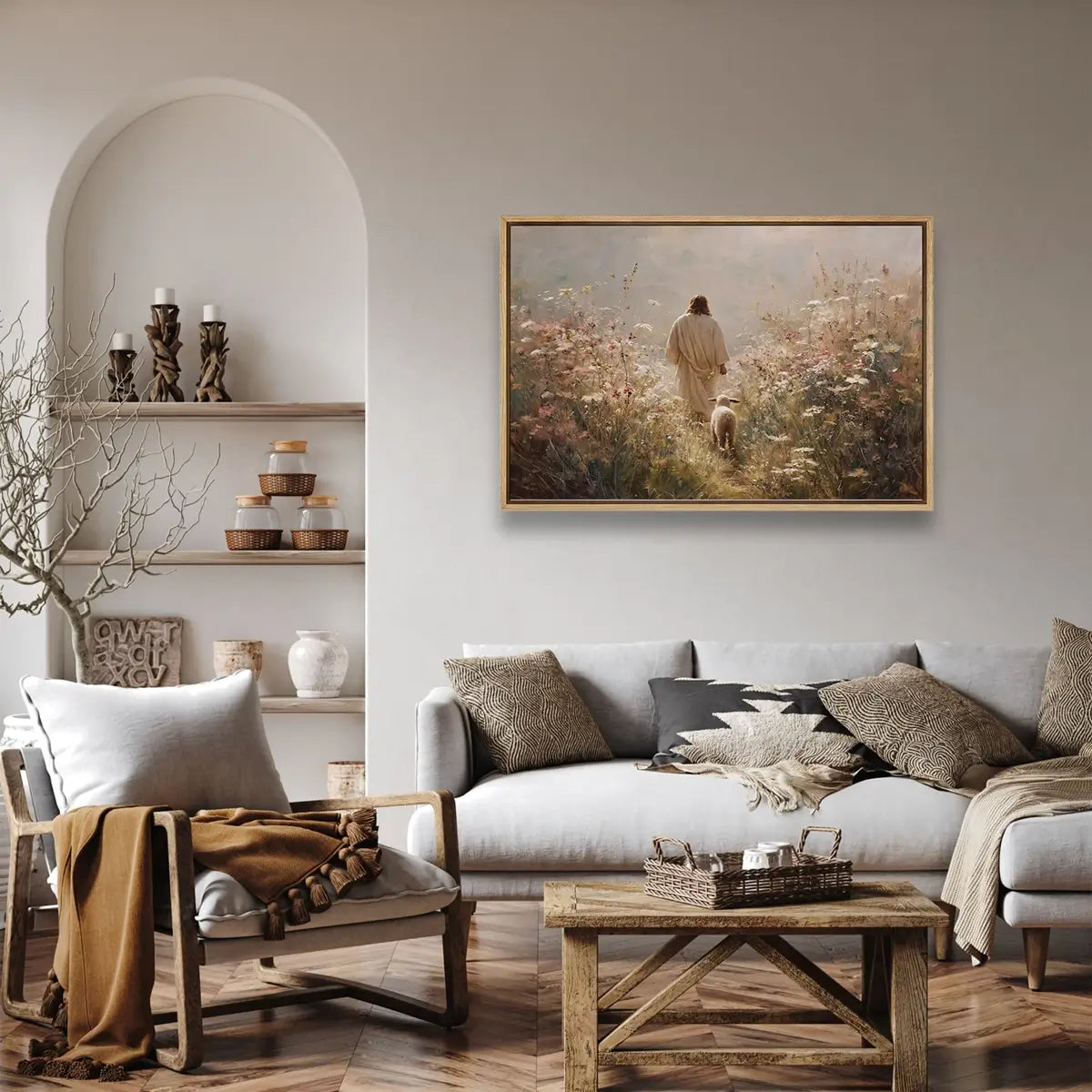 Good Shepherd Christian canvas wall art in a calm living room