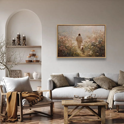 Good Shepherd Christian canvas wall art in a calm living room