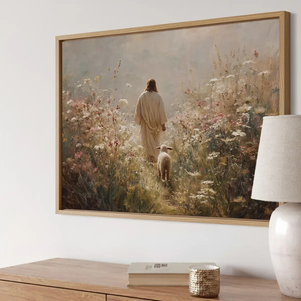 Walking with the Shepherd Christian canvas art depicting Jesus and a lamb in a peaceful field