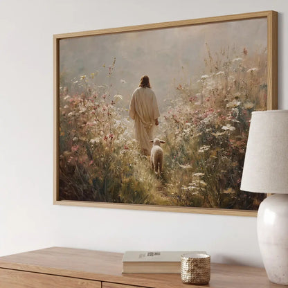 Walking with the Shepherd Christian canvas art depicting Jesus and a lamb in a peaceful field