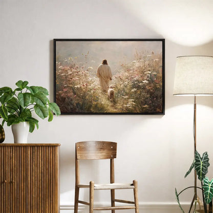 Walking with the Shepherd Christian canvas art depicting Jesus and a lamb in a peaceful field