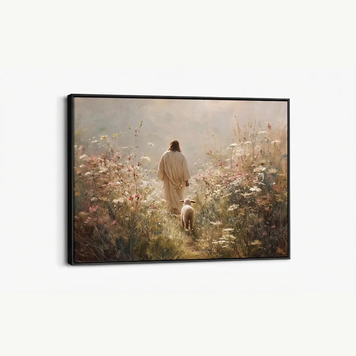 Walking with the Shepherd Christian canvas art depicting Jesus and a lamb in a peaceful field