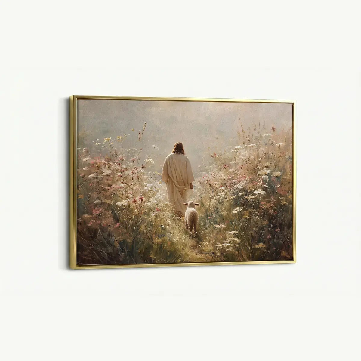 Walking with the Shepherd Christian canvas art depicting Jesus and a lamb in a peaceful field
