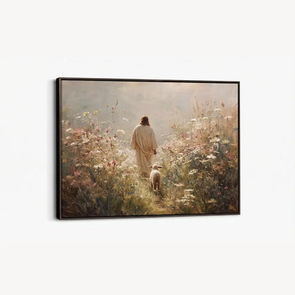 Walking with the Shepherd Christian canvas art depicting Jesus and a lamb in a peaceful field