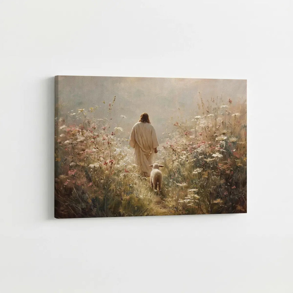 Walking with the Shepherd Christian canvas art depicting Jesus and a lamb in a peaceful field